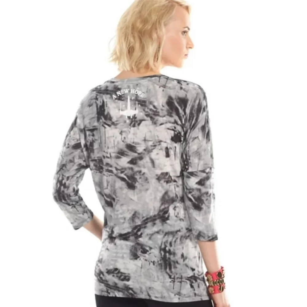 Rock & Republic Star Wars Womens L Tie-Dye Gray Sparkly Tunic Top Leia Skywalker - Picture 9 of 13